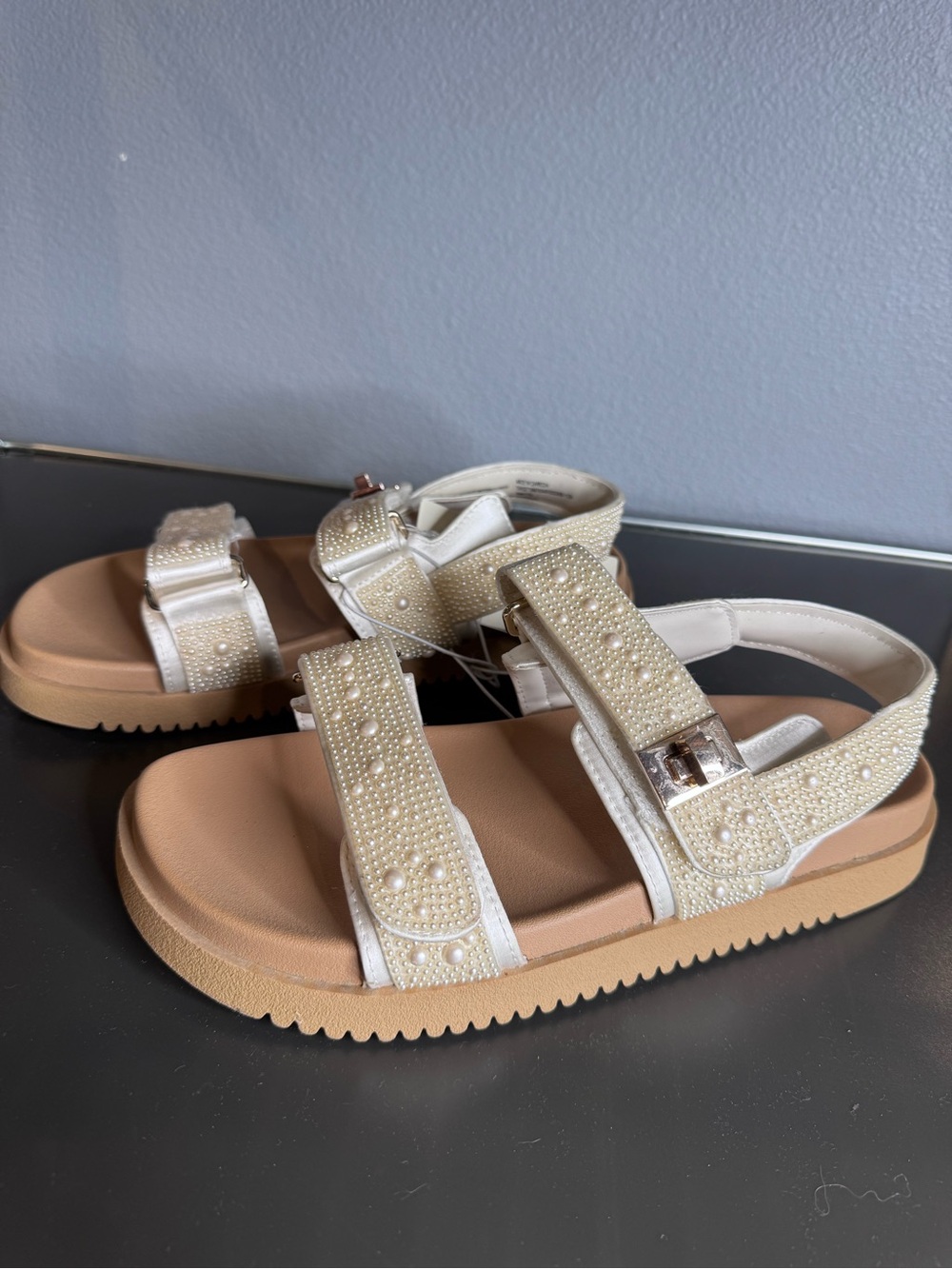 a new day Pearl-Embellished Beige and Tan Platform Sandals